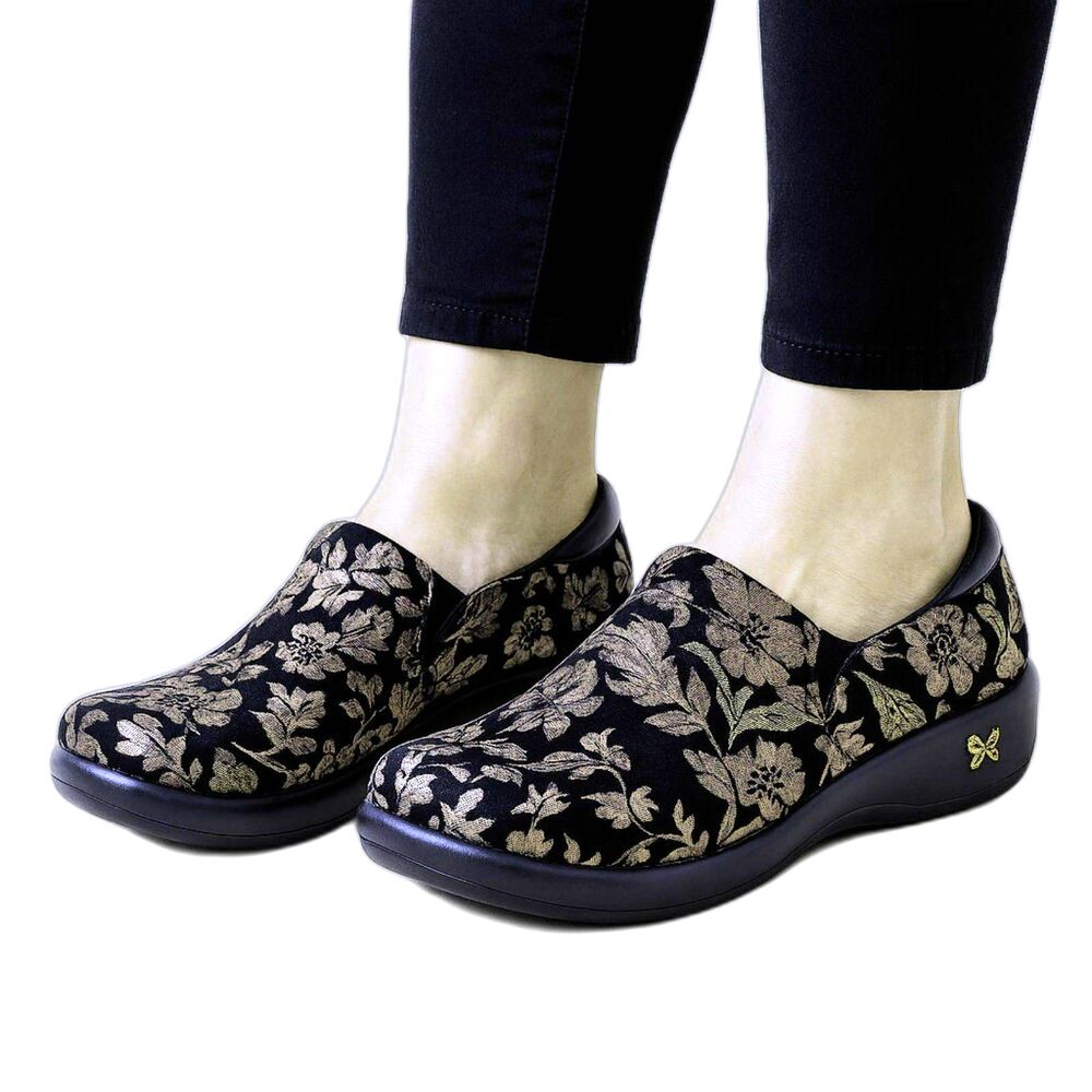 Alegria Karmen Comfort Shoes Euro 38 Black Gold Copper Floral Clogs Fun!